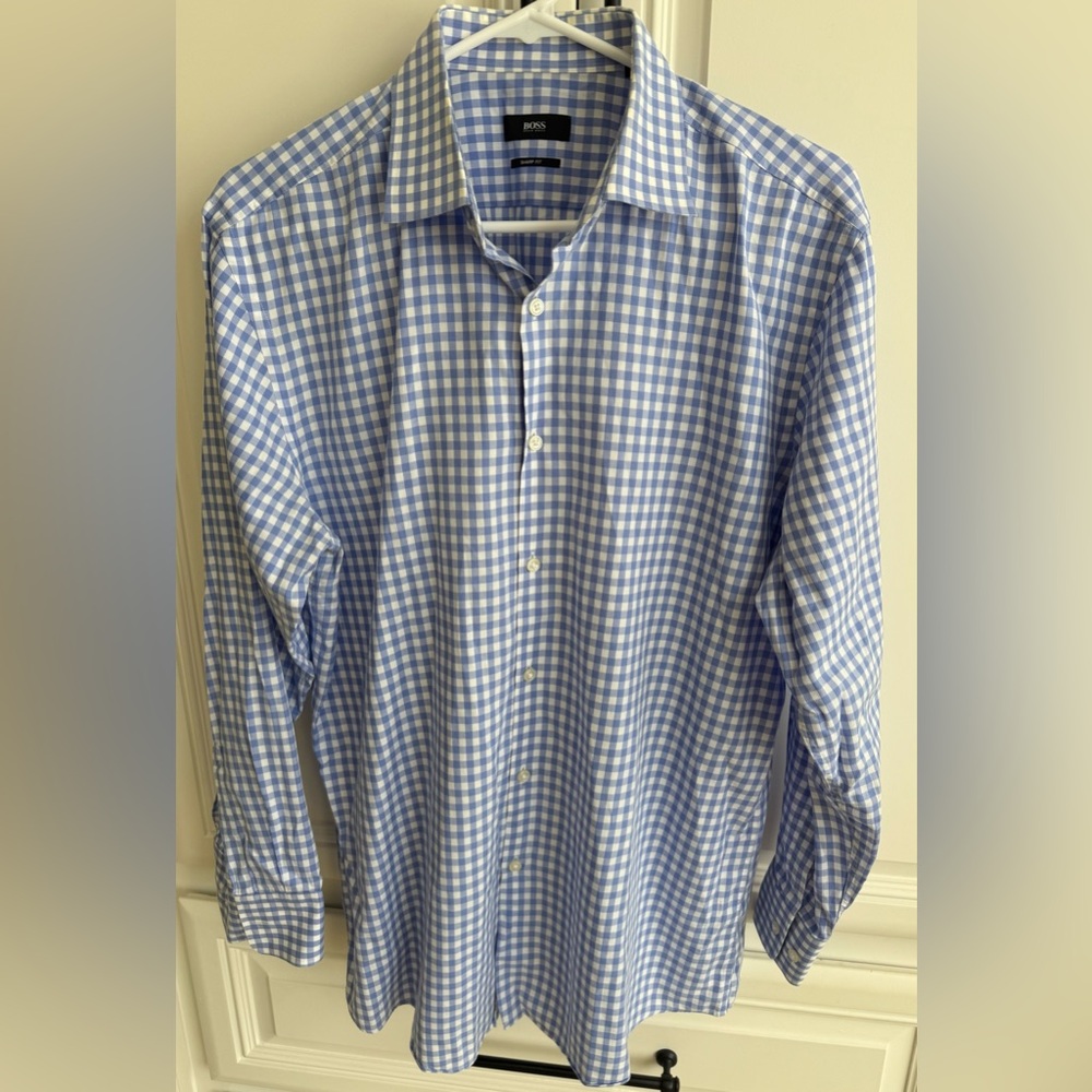 Hugo Boss Blue and White Gingham Men's Shirt